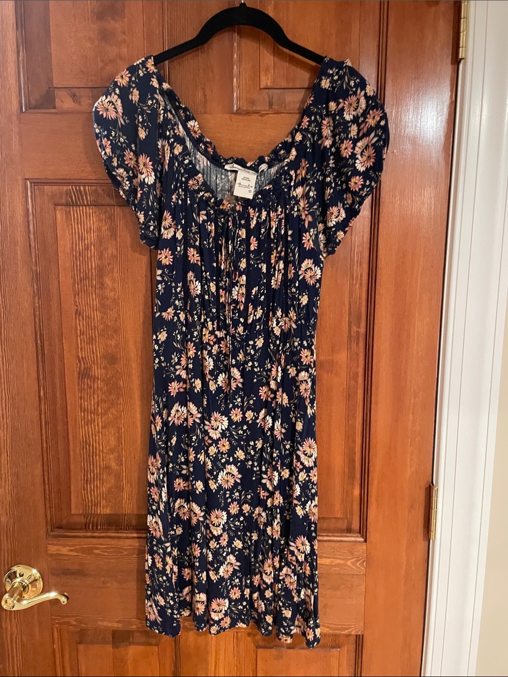 Navy Floral Short-Sleeve Smocked Dress - Women